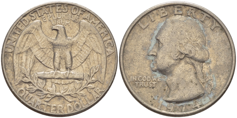 США 25 центов (квотер) 1974 Вашингтон KM 164a медь плакированная медно-никелем 31-726