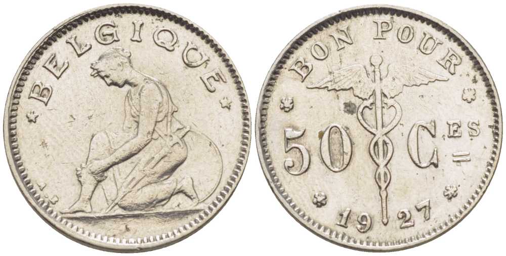 БЕЛЬГИЯ 50 САНТИМОВ 1927 BELGIQUE, АЛЬБЕРТ I (1909-1934) KM 87 никель 206-132