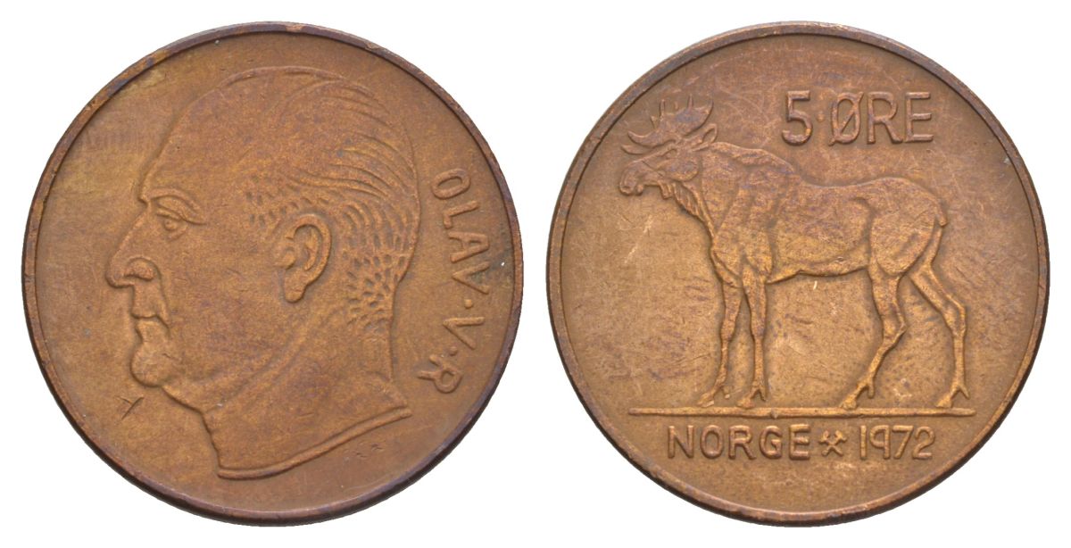 Норвегия 5 эре 1972 Улаф V (1957-1991) KM 405 бронза 4635-622
