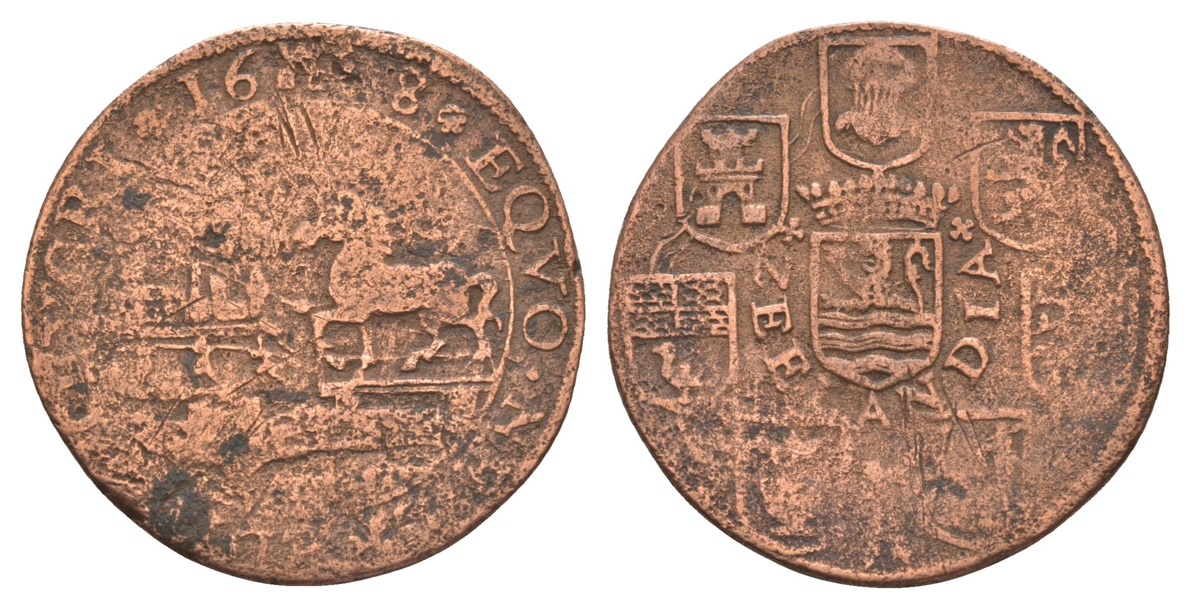 Испанские Нидерланды жетон Бюро финансов 1608 Монетный двор Брюсселя, Восьмидесятилетняя война, диаметр 30 мм, вес 6,94 гр  медь    4127-521