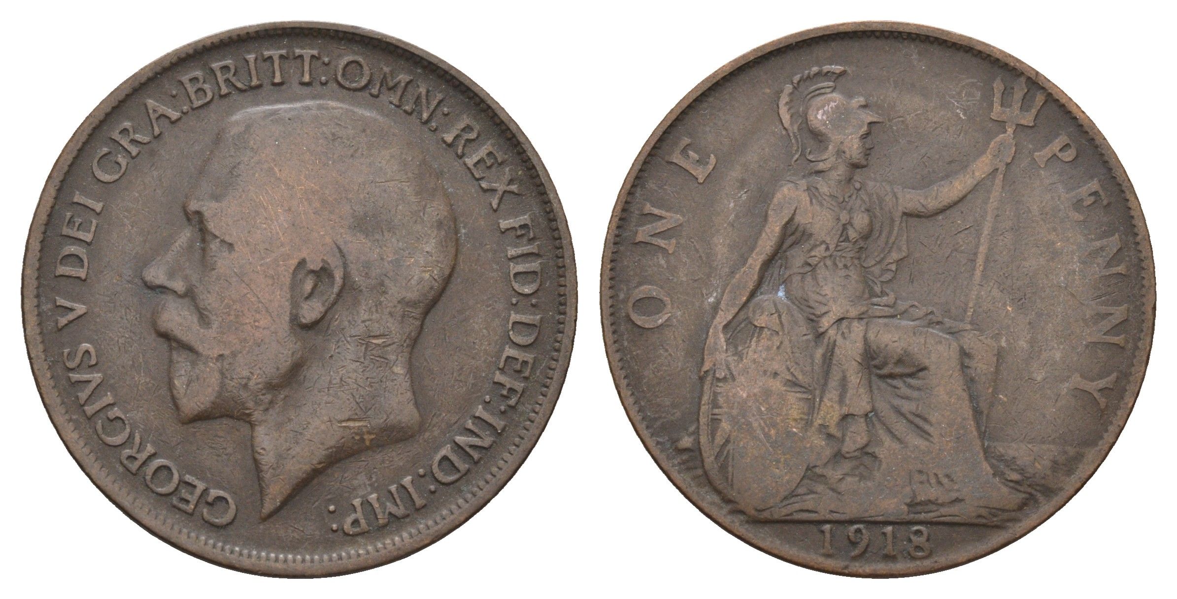 Великобритания 1 пенни 1918 Георг V (1910-1936) KM 810, Spink 4051 бронза 4692-714