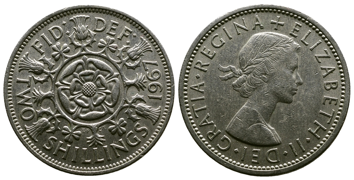 Великобритания 2 шиллинга (флорин) 1967 Елизавета II (1952-2022) KM 906, Spink 4146 медно-никель 4382-735