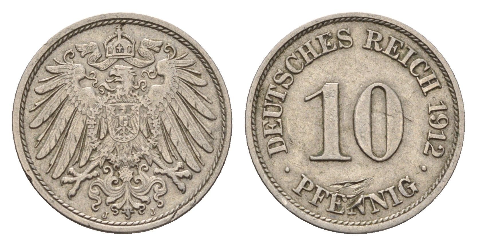 Германия 10 пфеннигов 1912 J, Вильгельм II (1888-1918) KM 12, J. 13 медно-никель 4636-946