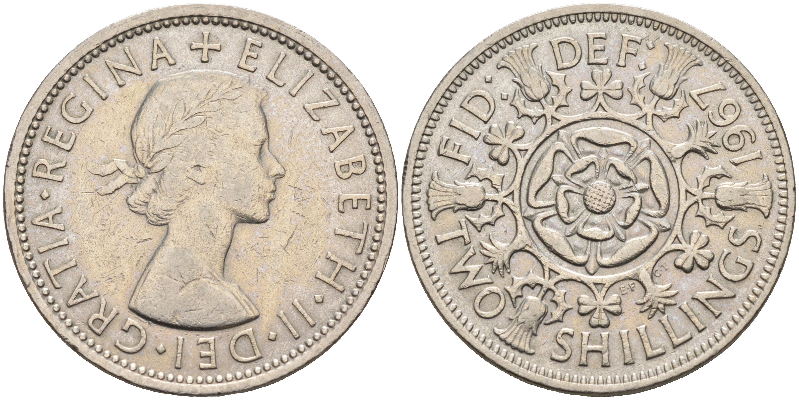 Великобритания 2 шиллинга (флорин) 1967 Елизавета II (1952-2022) KM 906, Spink 4146 медно-никель 4367-1234