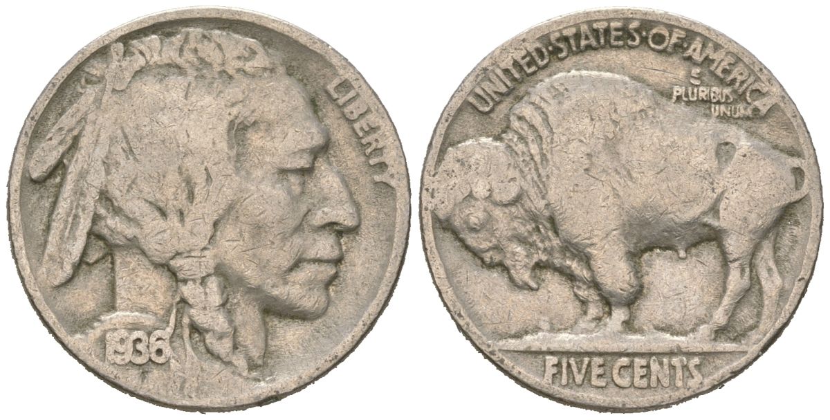 США 5 центов 1936 индеец, бизон KM 134 медно-никель 4614-1243