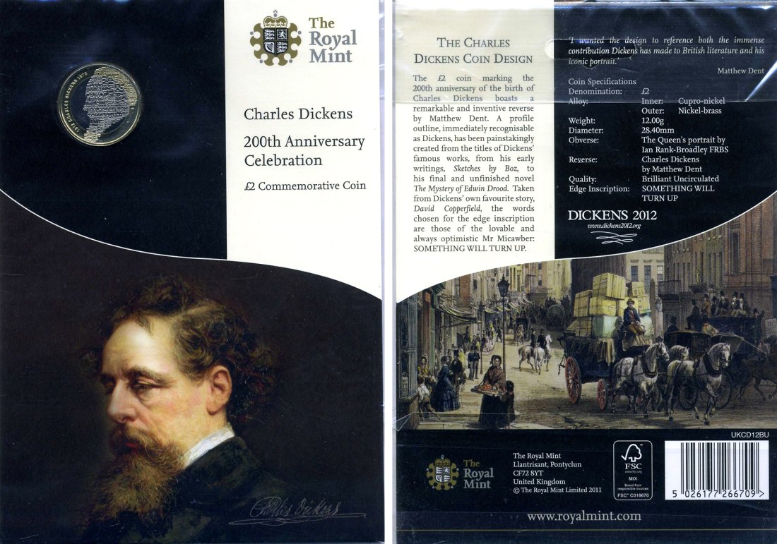 Великобритания 2 фунта 2012 Елизавета II (1952-2022), 200 лет со дня рождения Чарльза Диккенса, в оригинальном картонном буклете KM 1224, Spink K29 биметалл BUNC 3-4-4-50