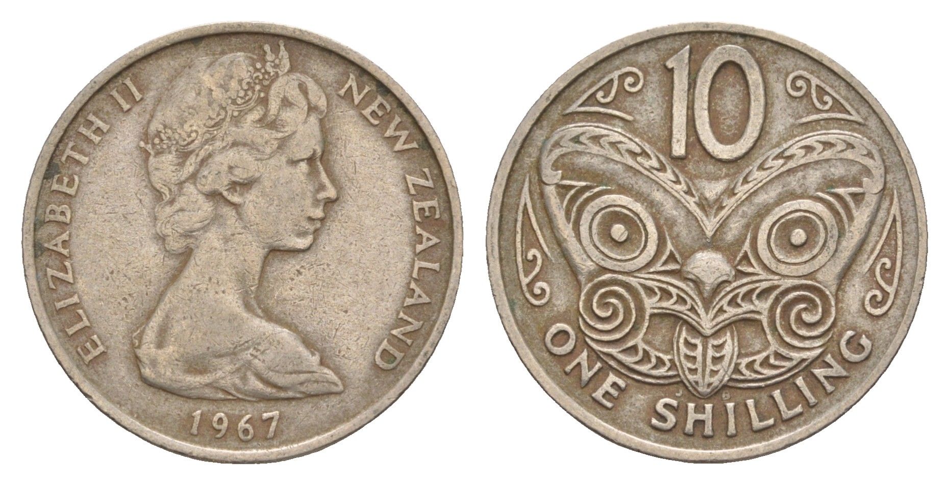 Новая Зеландия 10 центов 1967 Елизавета II (1952-2022), маска маори KM 35 медно-никель 4179-736