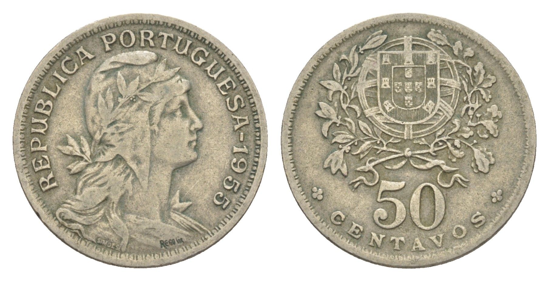 Португалия 50 сентаво 1955 голова Свободы вправо KM 577 никель латунь 4385-736