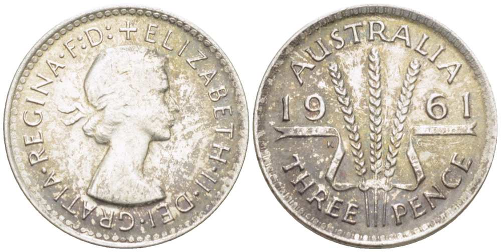 Австралия 3 пенса 1961 m, Елизавета II (1952-2022) KM 57 серебро 4516-155