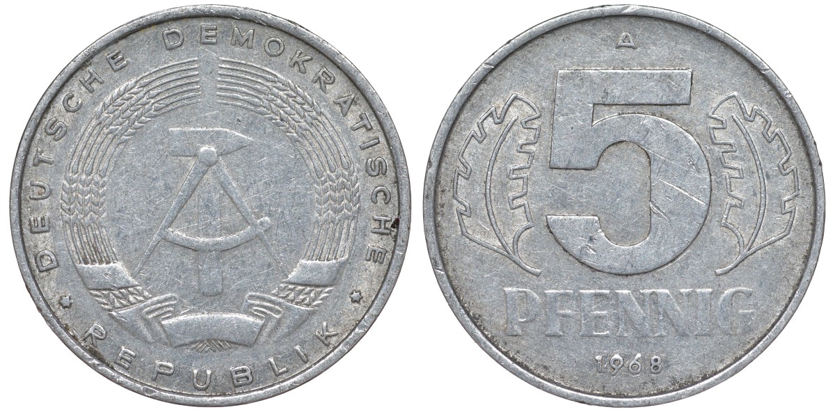 ГДР 5 ПФЕННИГОВ 1968 A KM 9.1 алюминий 62-122