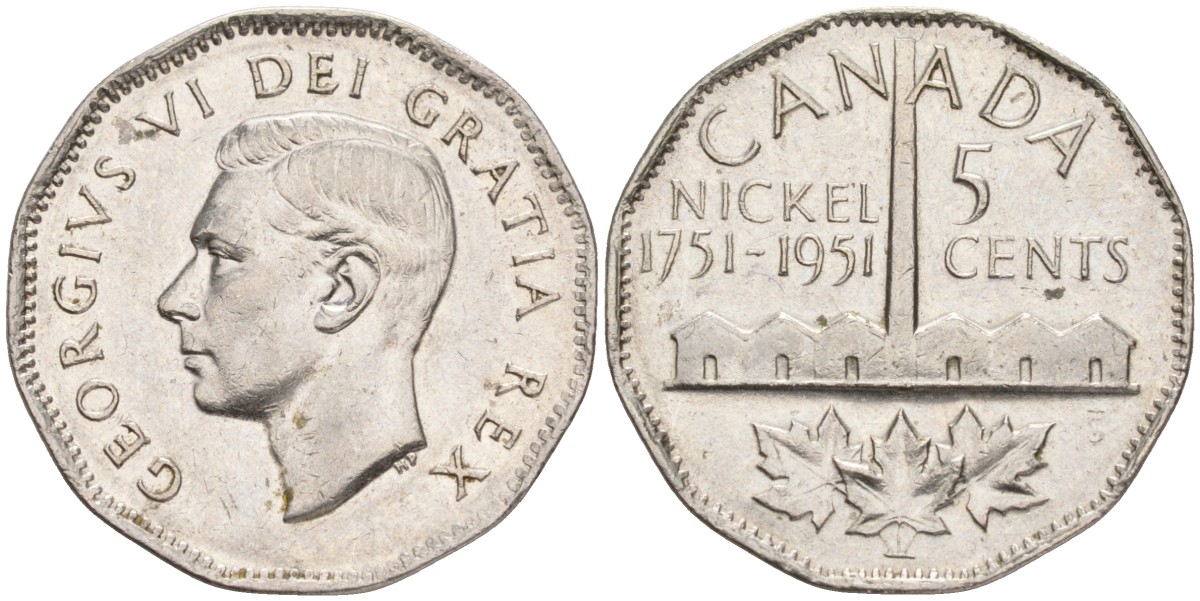 Канада 5 центов 1951 200 ЛЕТ ПРОИЗВОДСТВА НИКЕЛЯ KM 48 никель 4556-1034