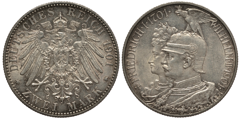 Пруссия 2 марки 1901 A, 200 лет Прусской королевской династии (Фридрих I - Вильгельм II) J.105, Weege 105, KM 525 серебро 3711-1025