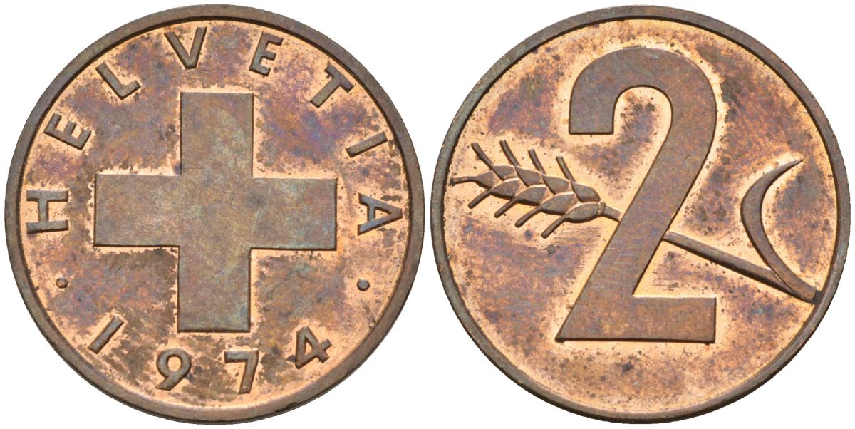 Швейцария 2 раппена 1974 KM 47 бронза UNC 4592-741