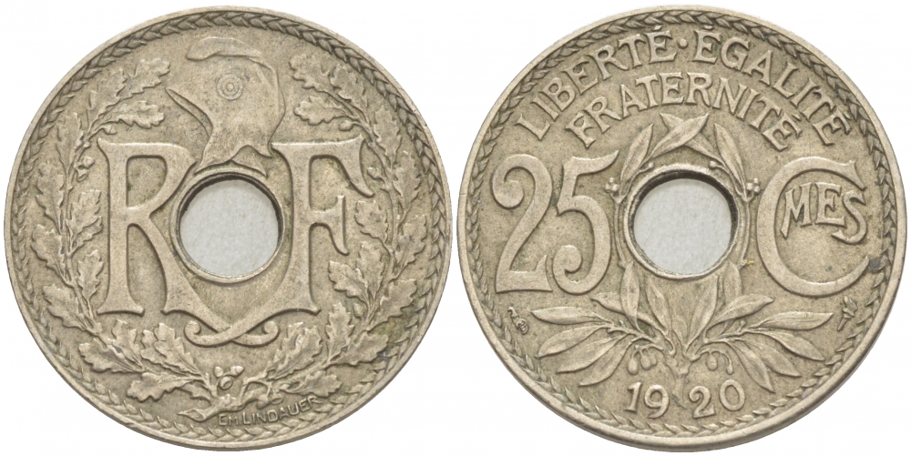 ФРАНЦИЯ 25 САНТИМОВ 1920 ТИП ЛИНДАЙЁ KM 867а, LE FRANC 171.4 медно-никель 4402-822