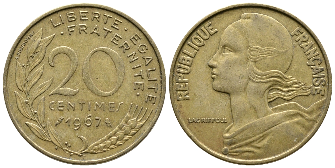 ФРАНЦИЯ 20 САНТИМОВ 1967 KM 930 медь алюминий никель 4364-3322