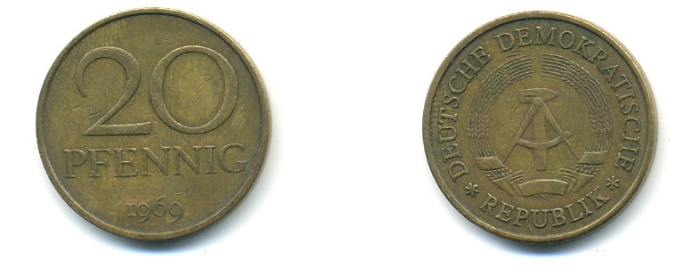 ГДР 20 пфеннигов 1969 А, первый год KM 11 латунь 80-215