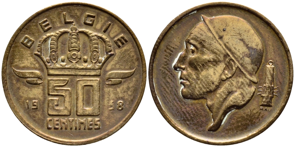 БЕЛЬГИЯ 50 САНТИМОВ 1958 BELGIE KM 149.1 бронза 4392-824