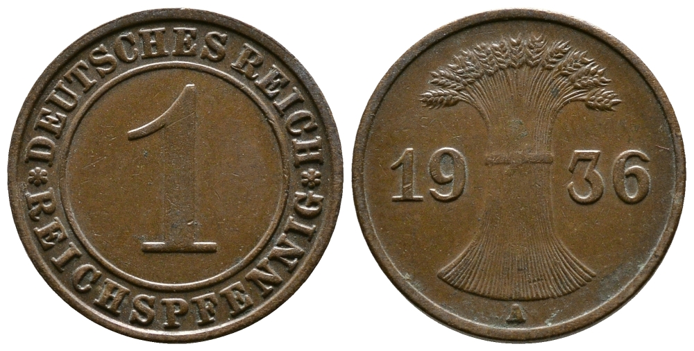 Германия 1 рейхспфенниг 1936 A KM 37, J. 313 бронза 220-134