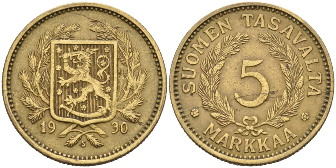 Финляндия 5 марок 1930 S, редкий год, тираж 592.000 KM 31 алюминиевая бронза 4563-344