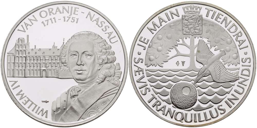 Нидерланды медаль ND Виллем IV король Нидерландов и Нассау (1711-1751), диаметр 38 мм., вес 25,12 гр.  серебро  PROOF  1078-6-14