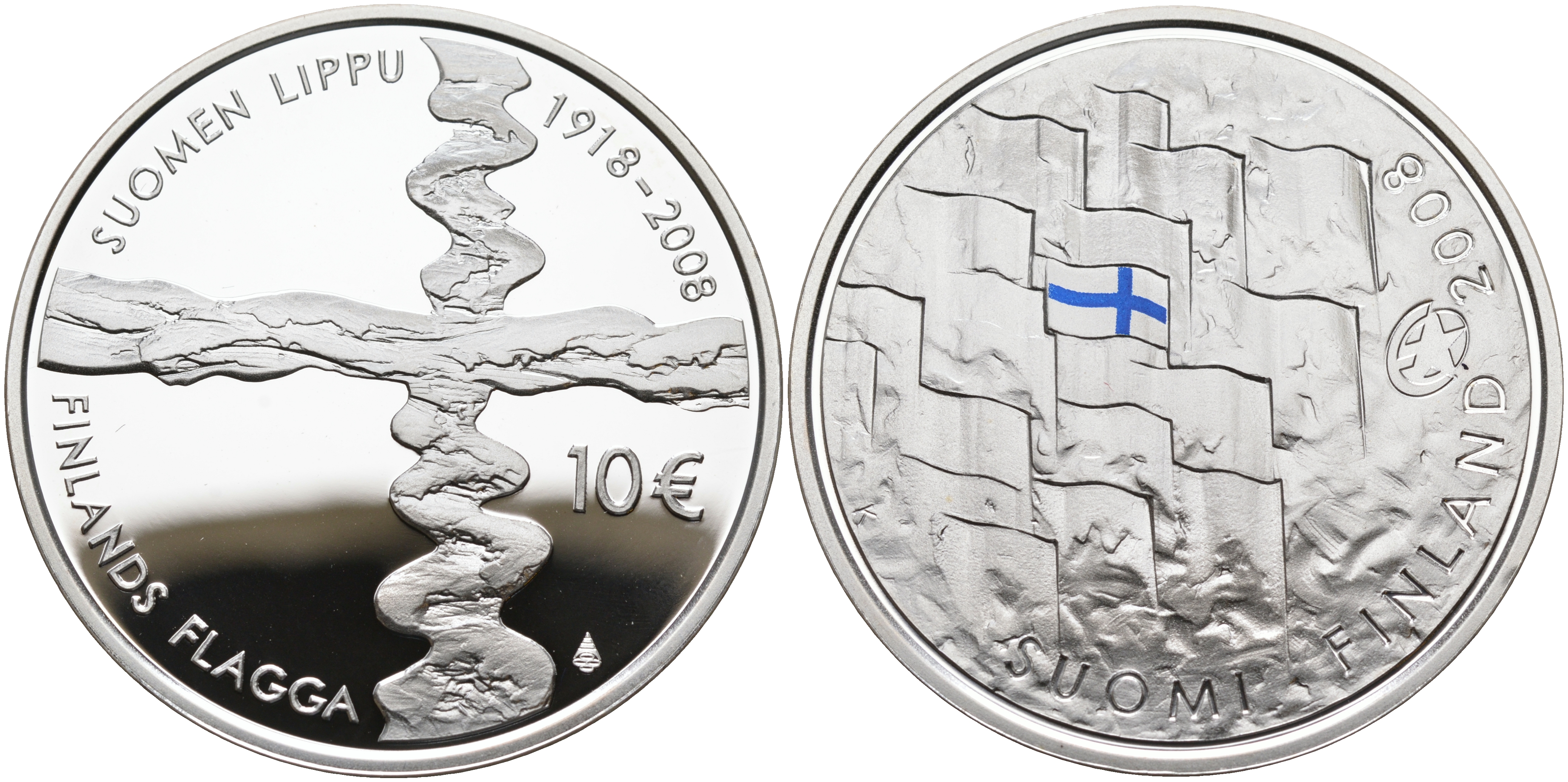 Финляндия 10 евро 2008 90 лет Финскому флагу, цветная эмаль KM 140 серебро  PROOF 11-164-22