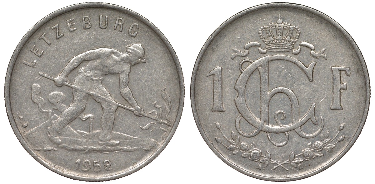 Люксембург 1 франк 1952 сталевар KM 46.2 медно-никель 4163-132