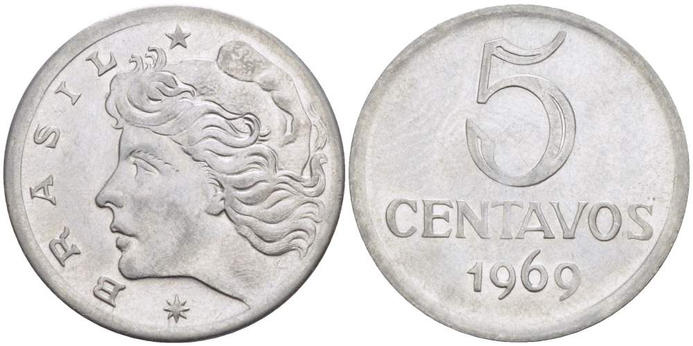 Бразилия 5 сентаво 1969  голова свободы влево KM 577.2, Schon 82a нержавеющая сталь 4529-354