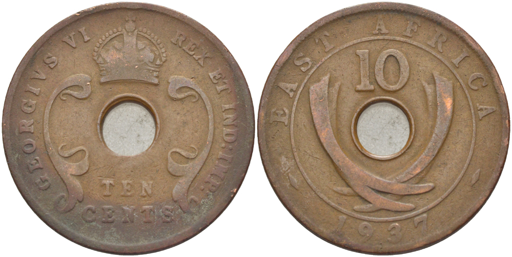 Британская Восточная Африка 10 центов 1937 Георг VI (1936-1952) KM 26.1 бронза 3333-1136