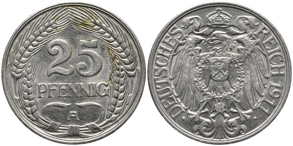 Германия 25 пфеннигов 1911 А KM 18, Weege 12, J.18 никель 117-527