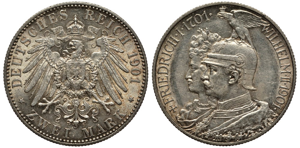 Пруссия 2 марки 1901 A, 200 лет Прусской королевской династии (Фридрих I - Вильгельм II) J.105, Weege 105, KM 525 серебро 413-3024