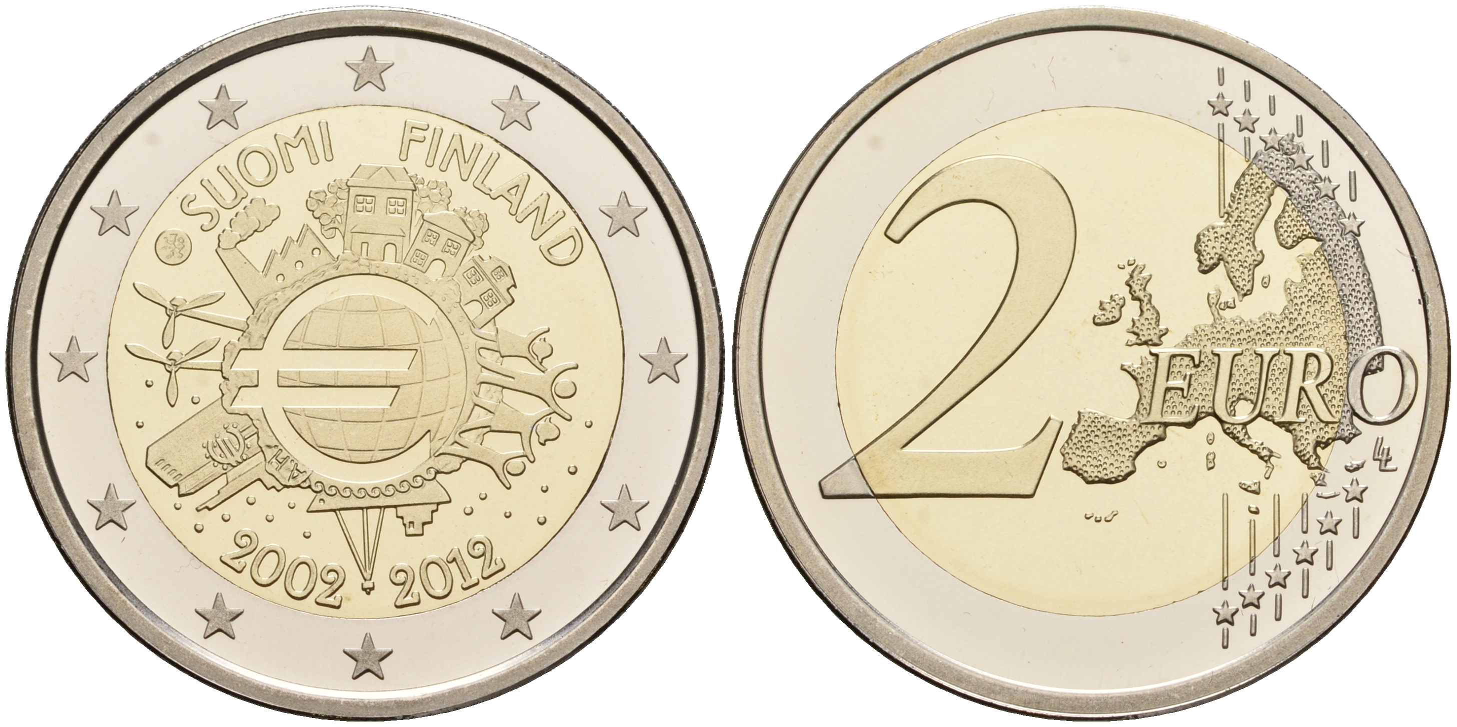 Финляндия 2 евро 2012 10 лет монетарной политике и наличному евро, в оригинальной коробке, с сертификатом, тираж 25000 экз. KM  биметалл  PROOF  7-6-1-41