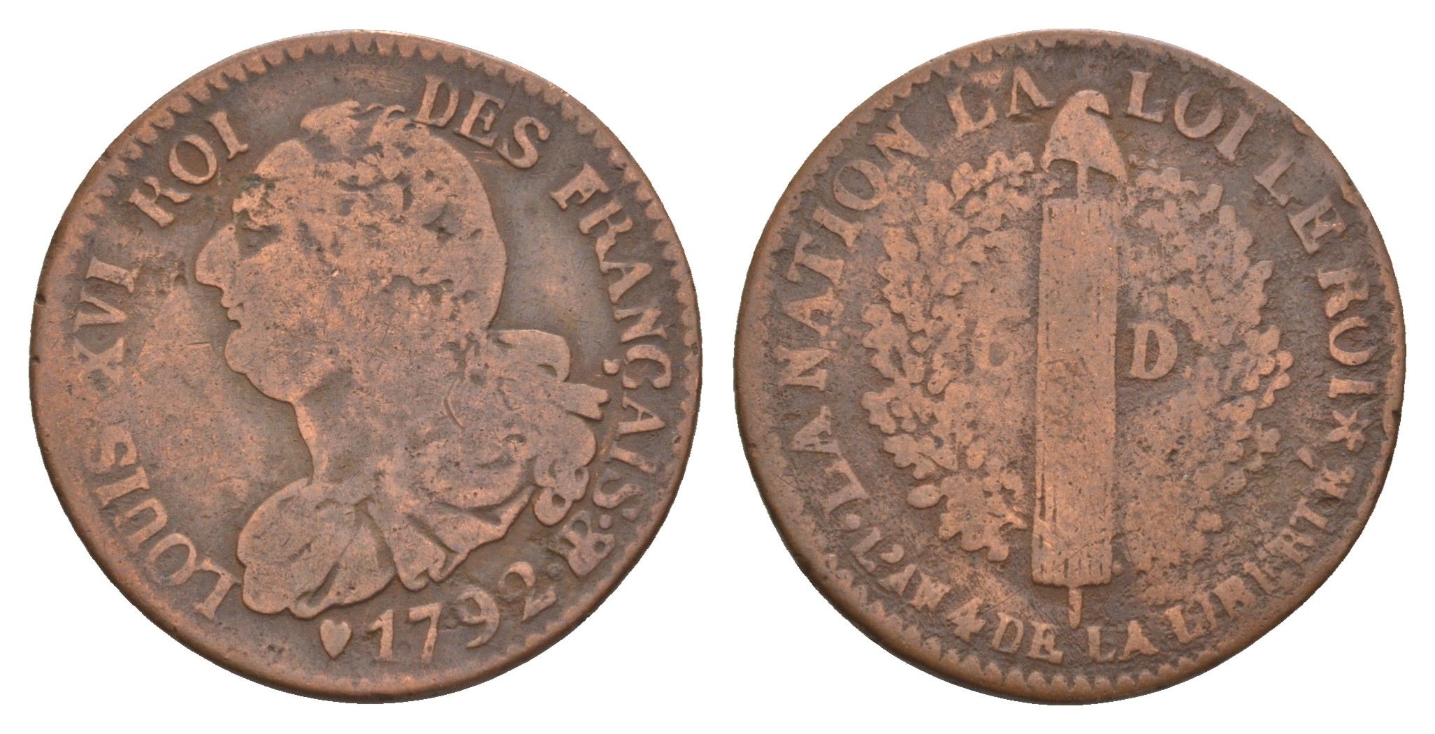 Франция 6 денье 1792 BB, Людовик XVI (1774-1792) KM 611 медь 5010-342