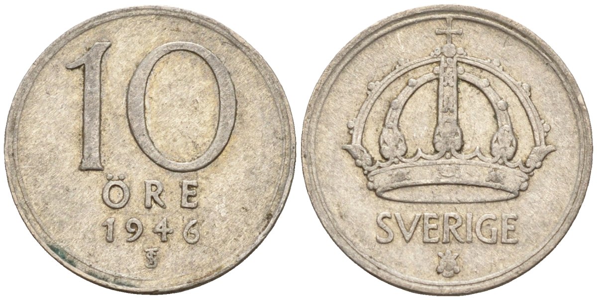 Швеция 10 эре 1946 TS, Густав V (1907-1950) KM 813 серебро 4147-849