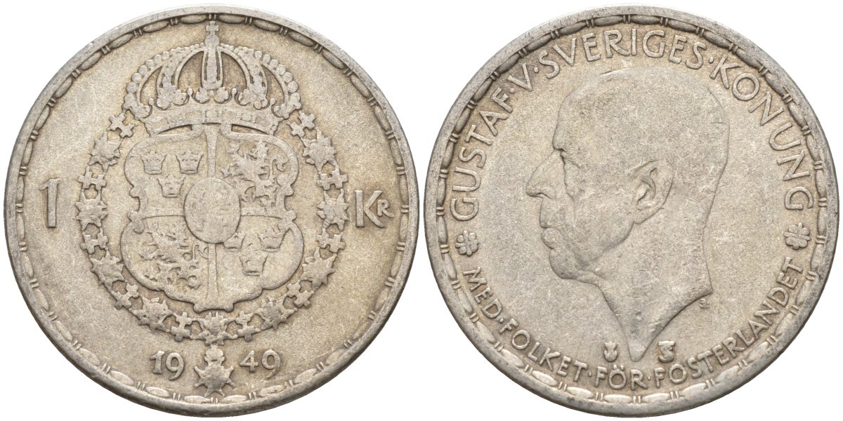 Швеция 1 крона 1949 TS, Густав VI Адольф (1950-1973) KM 814 серебро 4148-1117