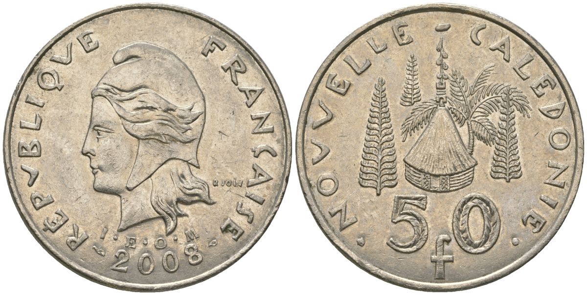 Французская Новая Каледония 50 франков 2008 хижина среди сосен и пальм, (IEOM) KM 13a, Schoen 15a, Lec 128i медно-никель 114-341