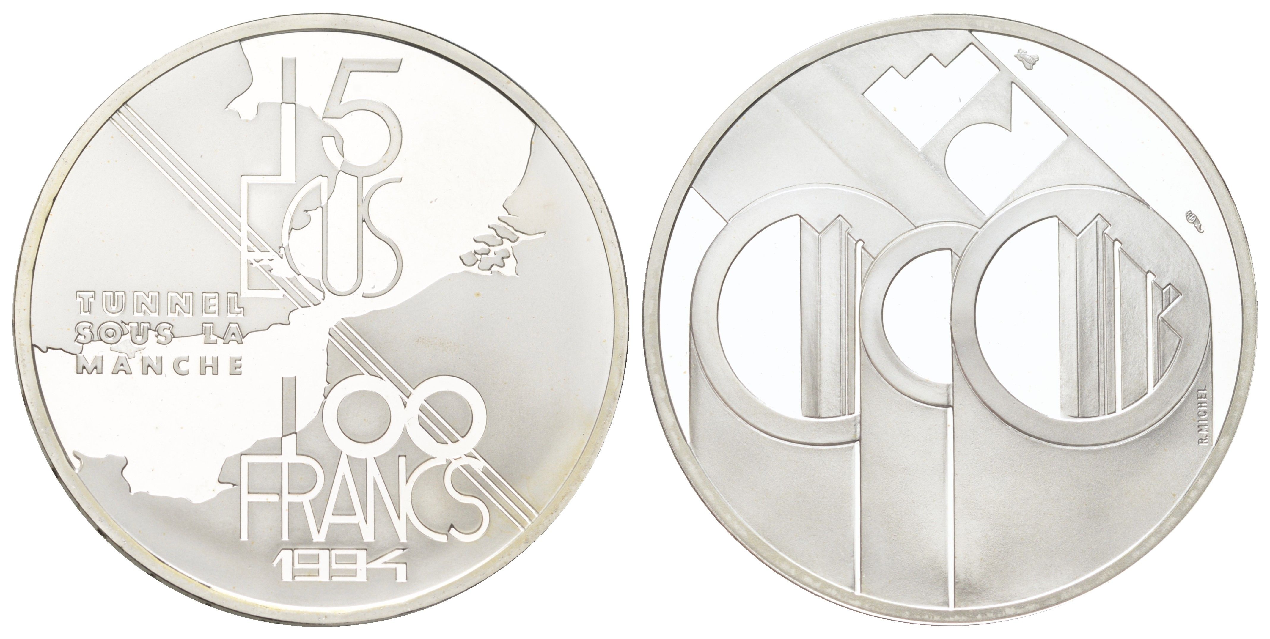 Франция 100 франков 1994 Тоннель под Ла-Маншем, в оригинальной упаковке, с сертификатом KM 1060 серебро PROOF 8-2-05-06