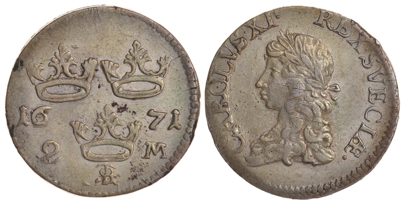 Швеция 2 марки 1671 TS, Карл XI (1660-1697) KM 242 серебро 00-816-52