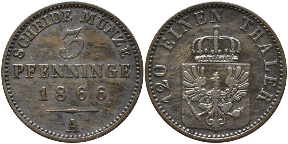 ПРУССИЯ 3 ПФЕННИГА 1866 А, ВИЛЬГЕЛЬМ I (1861-1888) KM 482 медь 4448-1136