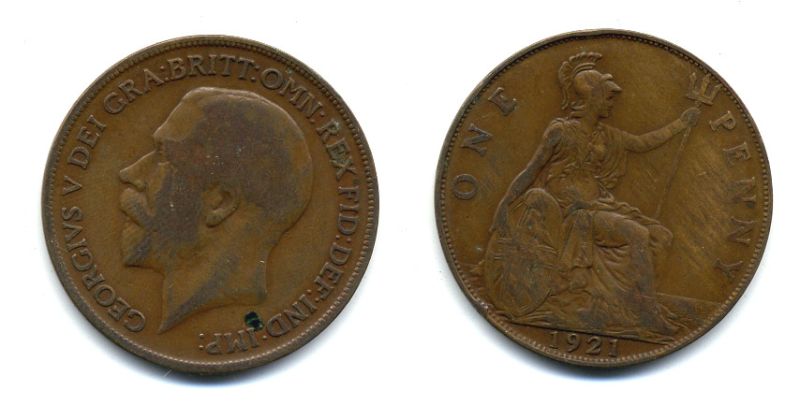 Великобритания 1 пенни 1921 Георг V (1910-1936) KM 810, Spink 4051 бронза 47-523