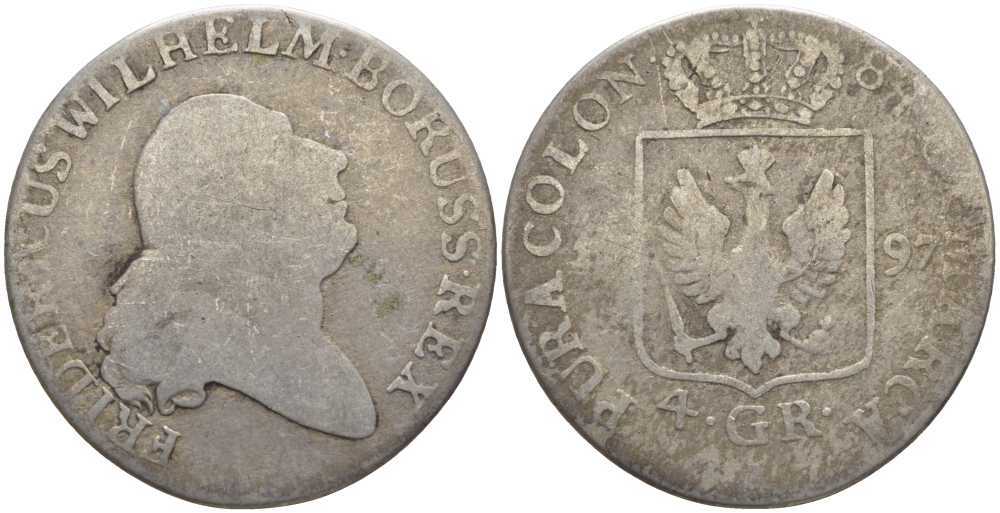 ПРУССИЯ 4 ГРОША 1797 А, ФРИДРИХ ВИЛЬГЕЛЬМ II (1786-1797) KM 362.1 серебро 4388-722