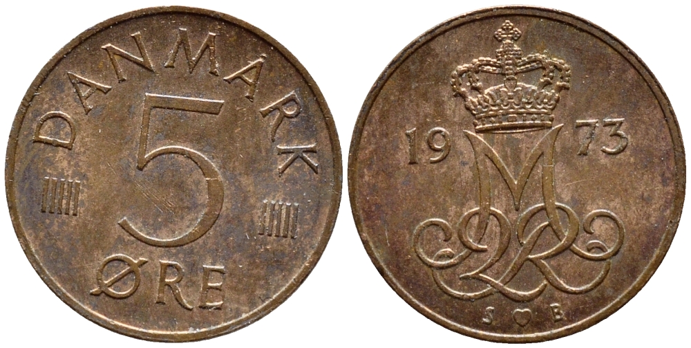 Дания 5 эре 1973 S; B, Маргрете II (1972- ) KM 859.1 железо плакированное медью UNC 4398-855