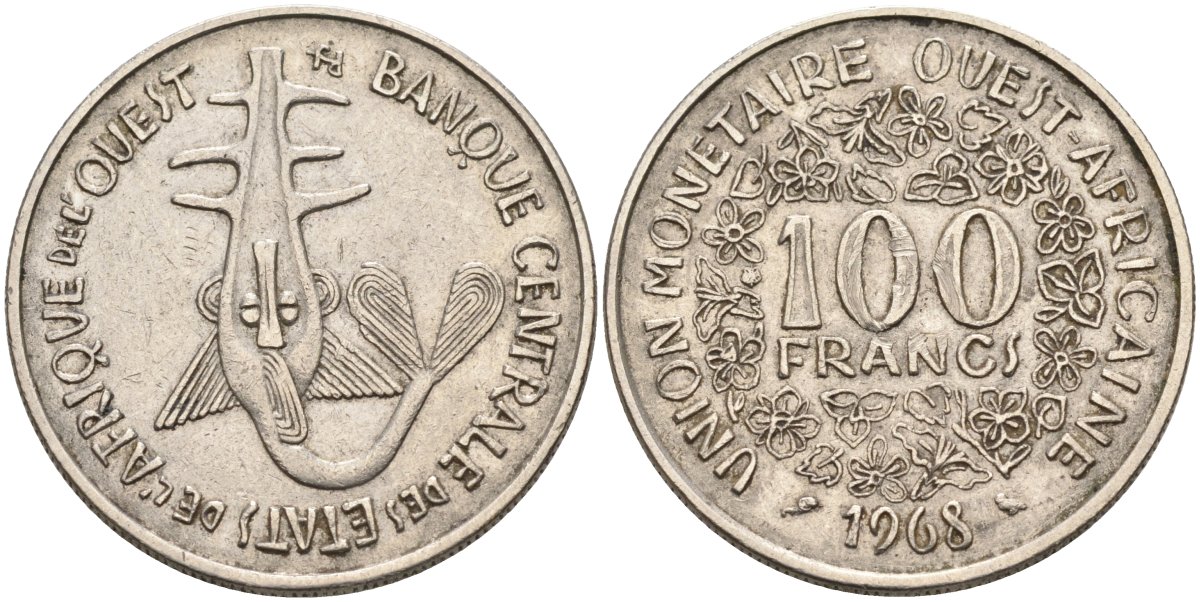 Валютный Союз стран Западной Африки 100 франков 1968 KM 4 никель 4575-1142