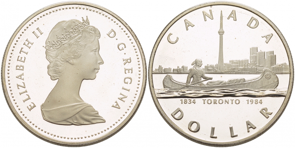 Канада 1 доллар 1984 150 лет Торонто, каноэ KM 140 серебро PROOF 1068-1-22
