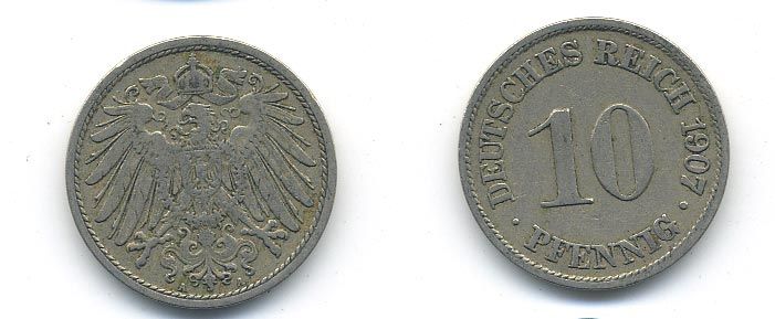 Германия 10 пфеннигов 1907 A KM 12, J. 13 медно-никель 58-253