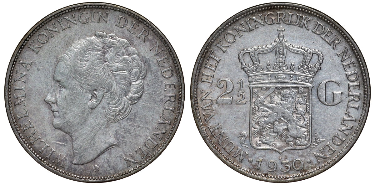 Нидерланды 2 1/2 гульдена 1930 Вильгельмина I (1890-1948) KM 165 серебро 1530-1025