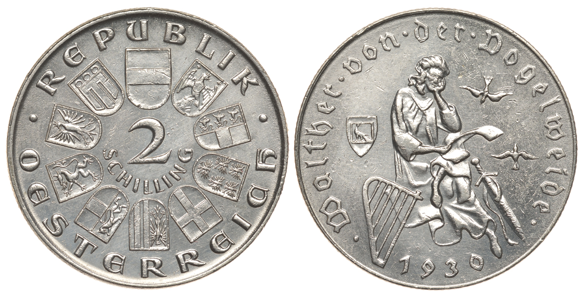 Австрия 2 шиллинга 1930 700 лет со дня смерти Фогельвайде KM 2845 серебро 413-6724