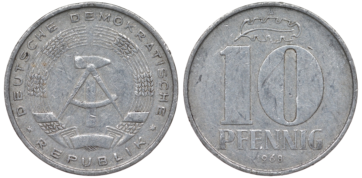 ГДР 10 пфеннигов 1968 A KM 10 алюминий 62-756
