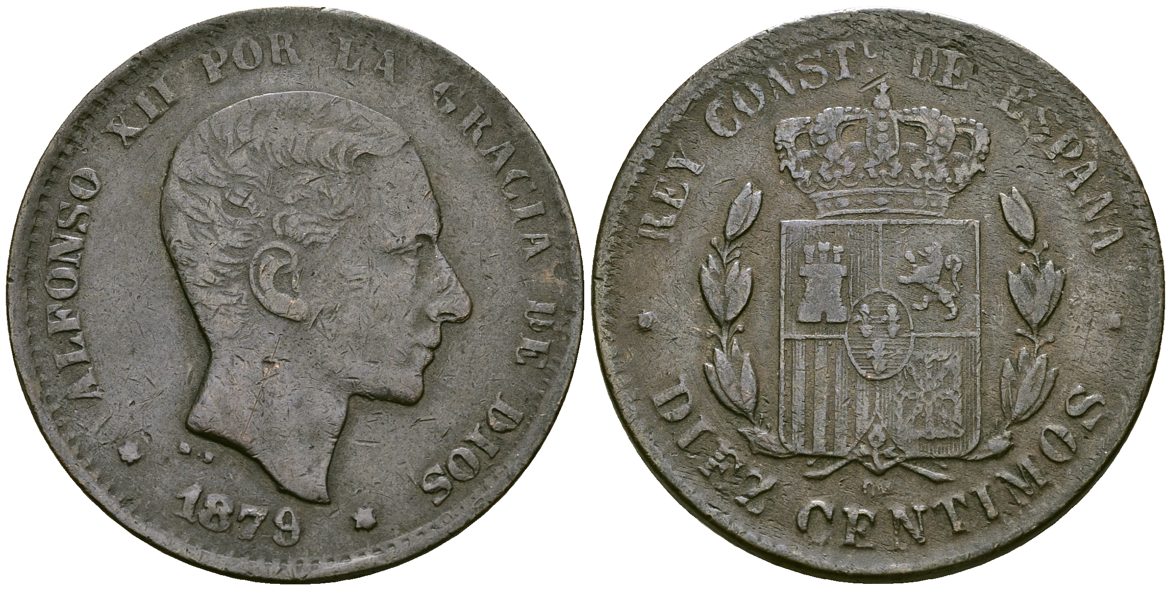 Испания 10 сентимо 1879 Альфонсо XII (1874 - 1885) KM 675 бронза 4593-745