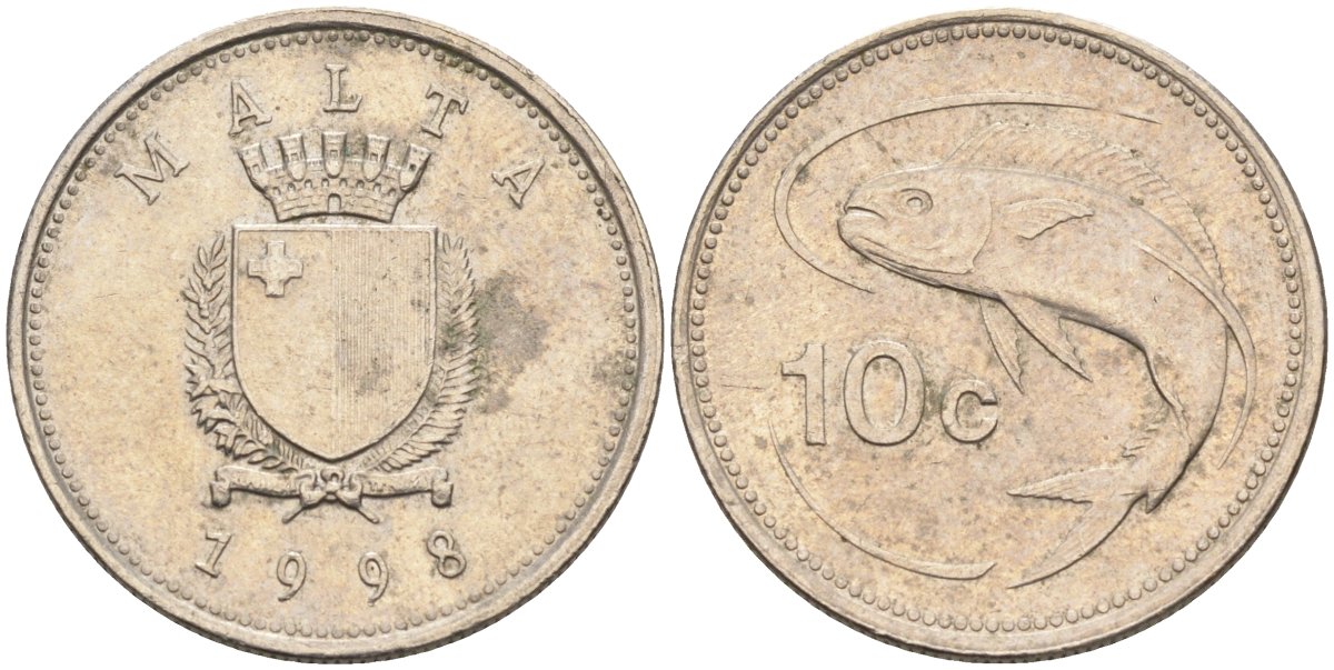 Мальта 10 центов 1998 золотая макрель KM 96 медно-никель 4588-245