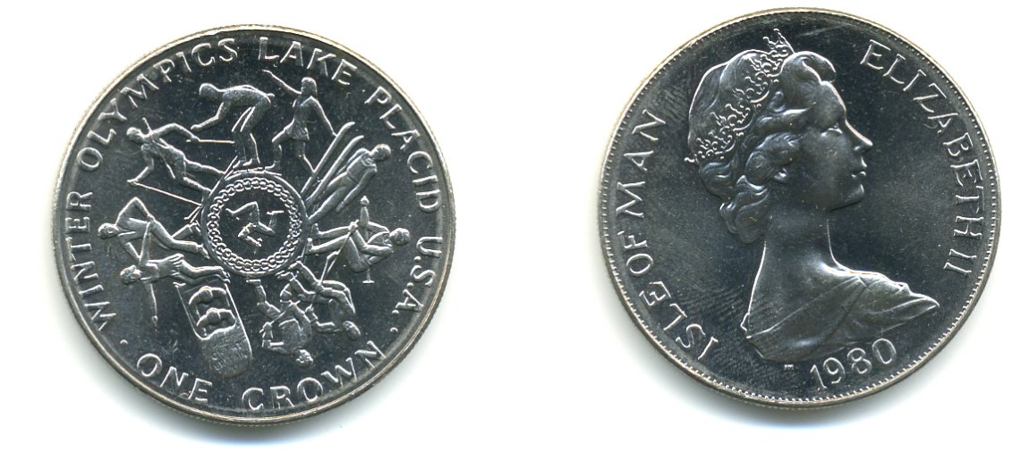 Остров Мэн 1 крона 1980 Зимние Олимпийские игры 1980 года в Лейк-Плэсиде, виды спорта КМ 64 медно-никель UNC 58-913
